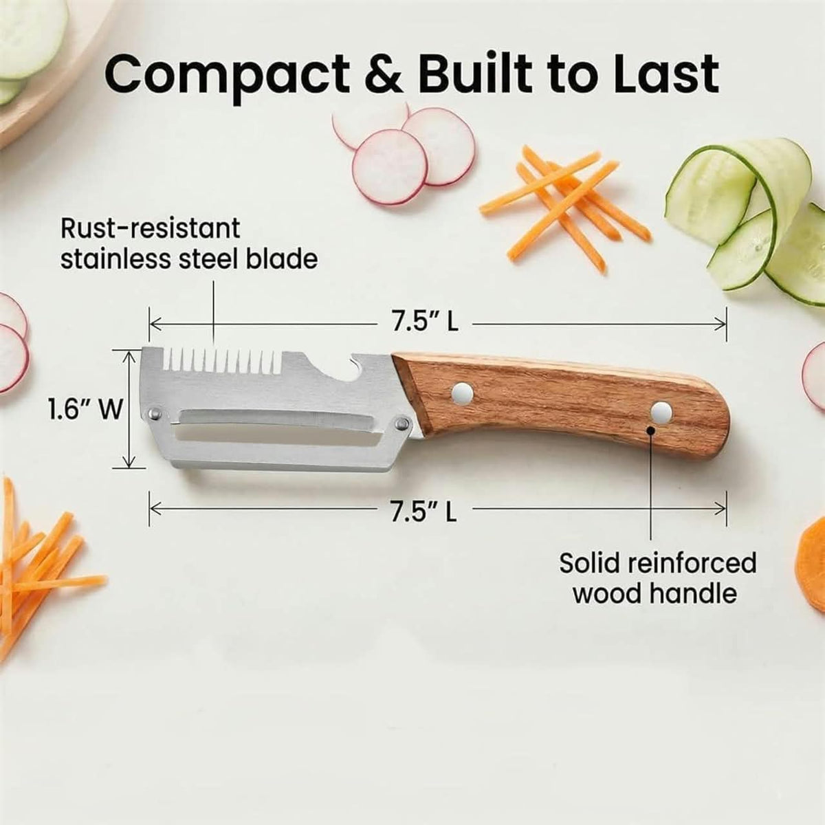 3-in-1 Stainless Steel Vegetable Peeler & Julienne Slicer – Wooden Handle