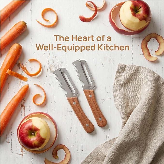 3-in-1 Stainless Steel Vegetable Peeler & Julienne Slicer – Wooden Handle
